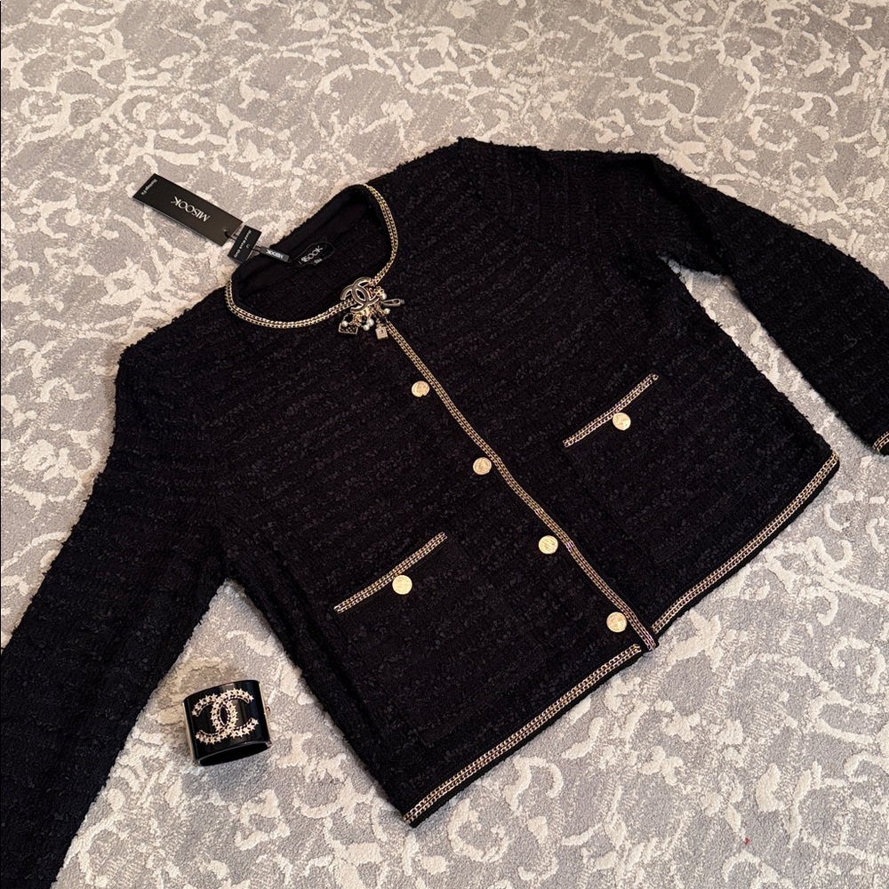 Misook Black Sweater Jacket with Gold Trim